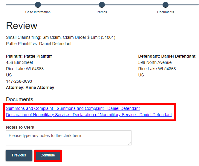 Wisconsin circuit court eFiling - Review - Document links - Continue.png
