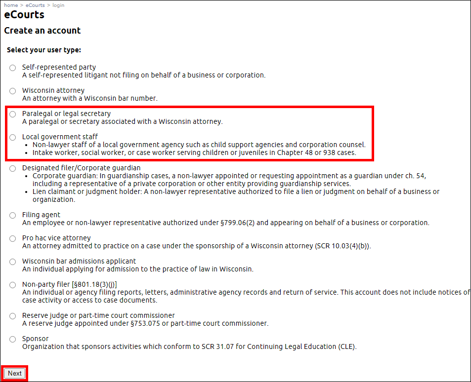 eCourts - Create an account - Select your user type - Paralegal or legal secretary or Local government staff.png