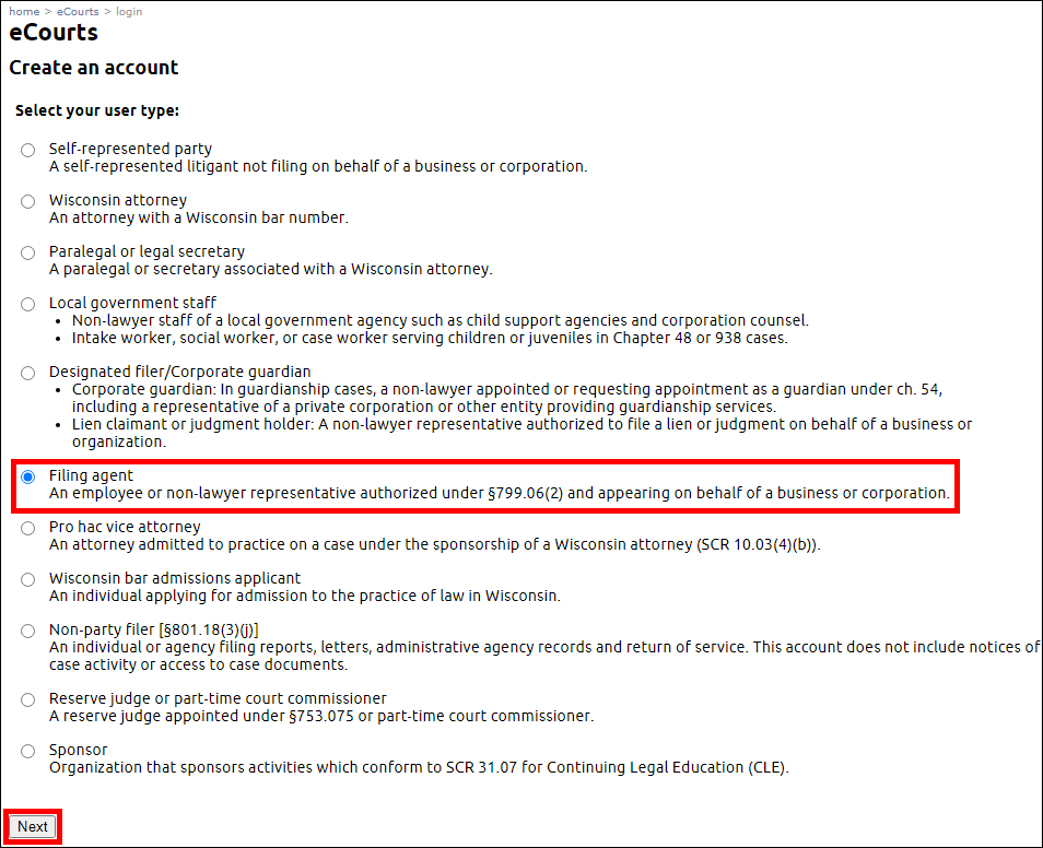 eCourts - Create an account - Select your user type - Filing agent - Next.png