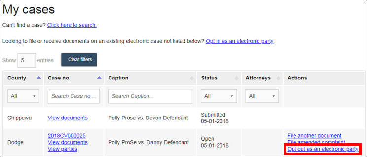 Wisconsin circuit court eFiling - pro se user - My cases - case list - Opt out as an electronic party.png