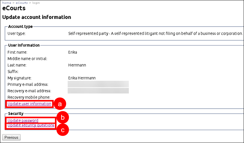 eCourts - Update account information - Update user information - Update password - Update security questions.png