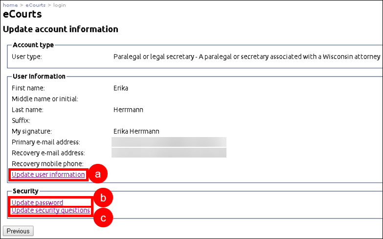 eCourts - Update account information - file prep user - Update user information - Update password - Update security questions.png