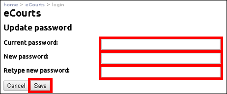 eCourts - Update password - Current password - New password - Retype new password - Save.png