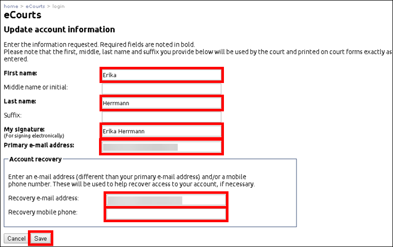 eCourts - Update account information - name - signature - email address - recovery email and phone - Save.png