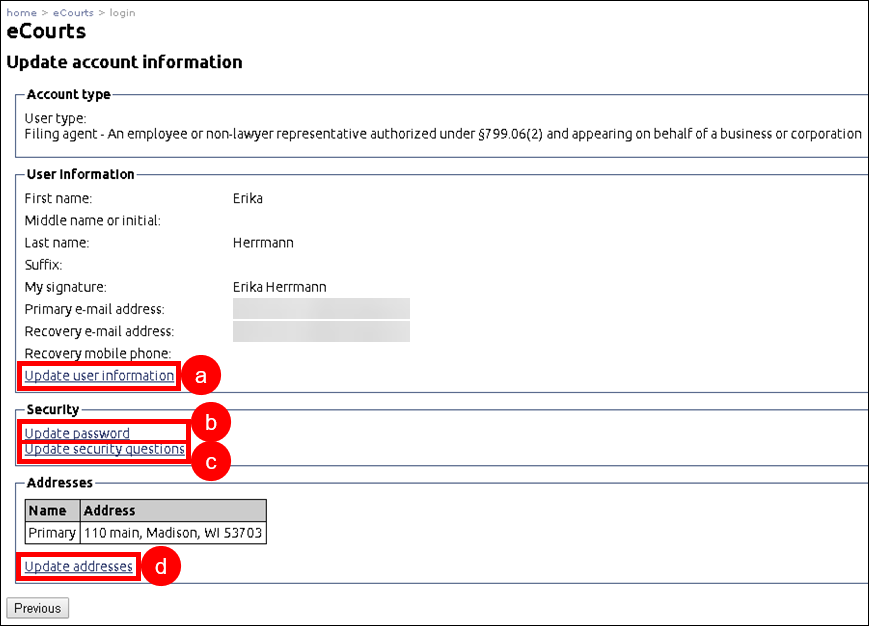 eCourts - Update account information - filing agent - Update user information - Update password - Update security questions - Update addresses.png