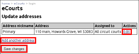 eCourts - Update address - Edit - Add another address - Save changes.png
