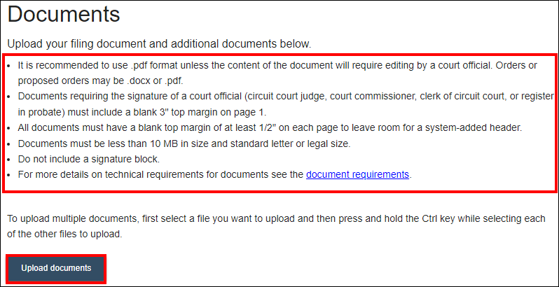 File additional documents with opt in - Additional documents screen - Bullet list to make sure documents are correctly formatted - Upload documents.png