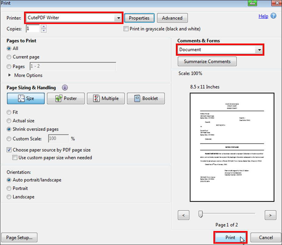 Acrobat - Print window - PDF printer - Comments and Forms set to Document - Print.png