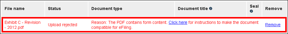 Wisconsin circuit court eFiling - Documents - Uploaded rejected due to PDF contains form content message.png