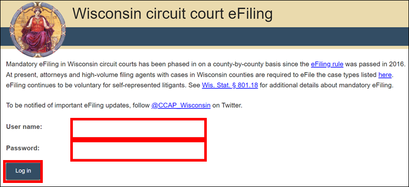 Wisconsin circuit court eFiling - User name - Password - Log in.png