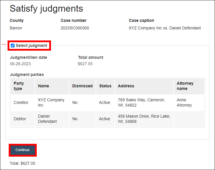 Circuit Court eFiling - Satisfy judgment - Select judgment - Family case