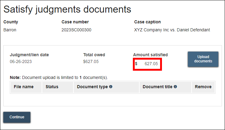 Circuit Court eFiling - Satisfy judgment - Amount satisfied - Family case