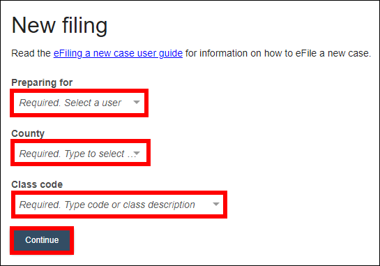 Wisconsin circuit court eFiling - New filing - Preparing for - County - Class code - Continue.png