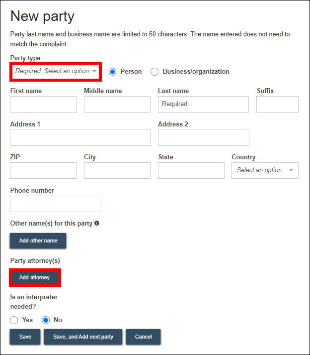 Wisconsin circuit court eFiling - New filing - New party - Party type - Add attorney.png