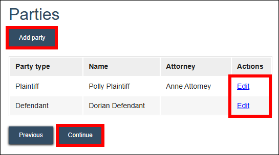 Wisconsin circuit court eFiling - file prep - Parties summary screen - Continue.png