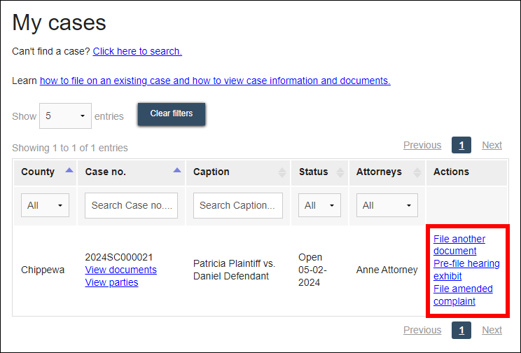 Wisconsin circuit court eFiling - My cases - Case with File another document and File amended complaint Actions.png