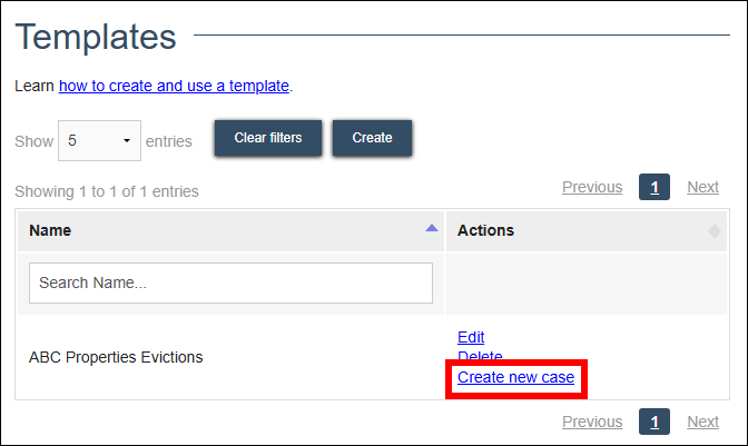 Wisconsin circuit court eFiling - Templates - Existing template with Create new case link under Actions.png