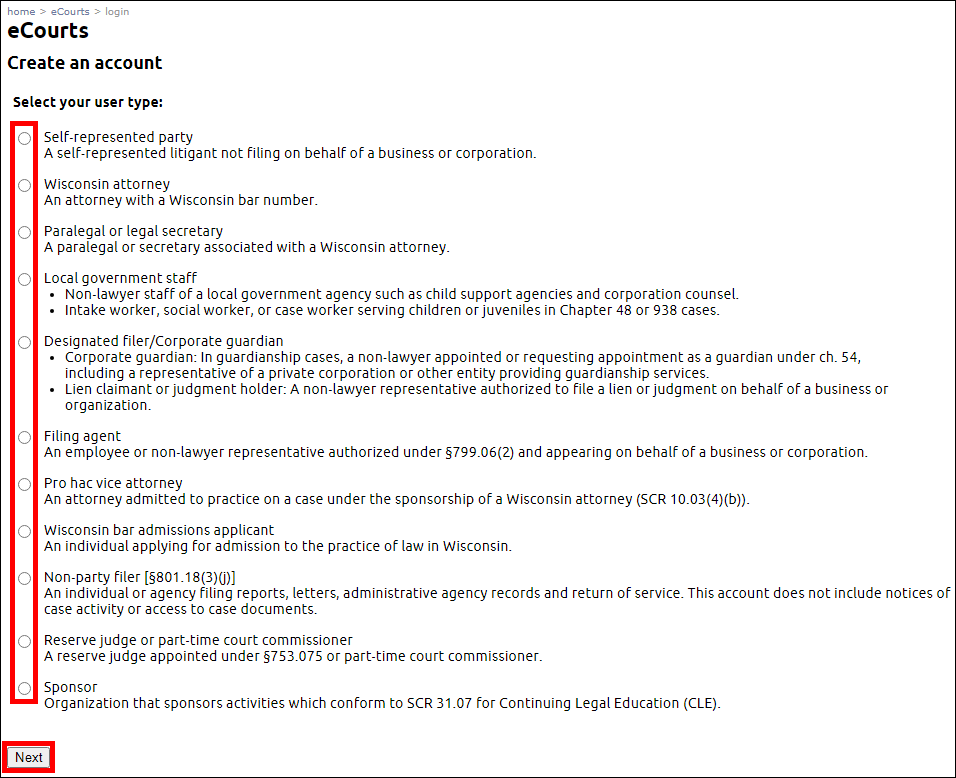 eCourts - Create an account - Select your user type - Next.png