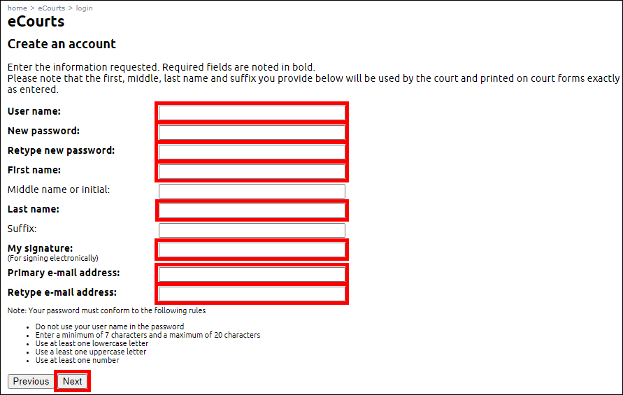 eCourts - Create an account - user information - Next.png