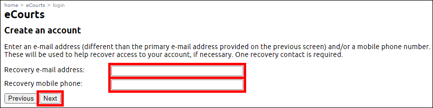 eCourts - Create an account - Recovery email address or mobile phone - Next.png