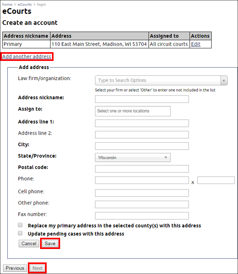 eCourts - Create an account - Add another address - Save - Next.png