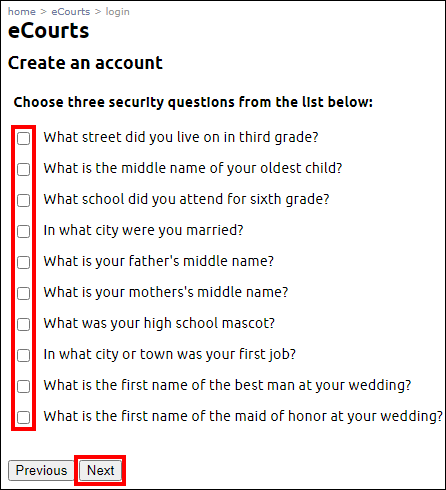 eCourts - Create an account - Pick three security questions - Next.png