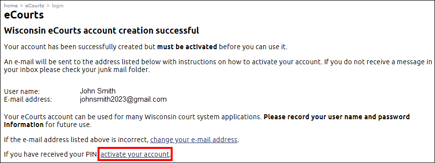 eCourts - Wisconsin eCourts account creation successful - Activate your account link.png