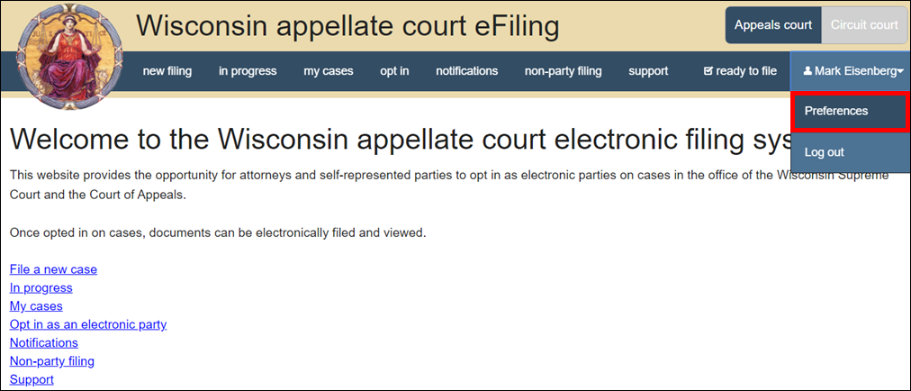 Wisconsin appellate court eFiling - user name - Preferences.png