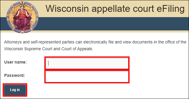Wisconsin appellate court eFiling - User name - Password - Log in.png