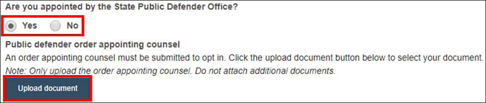 Wisconsin appellate court eFiling - Are you appointed by the State Public Defender Office radio buttons - Upload document.png