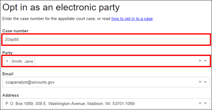 Wisconsin appellate court eFiling - Opt in as an electronic party - Case number - Party.png