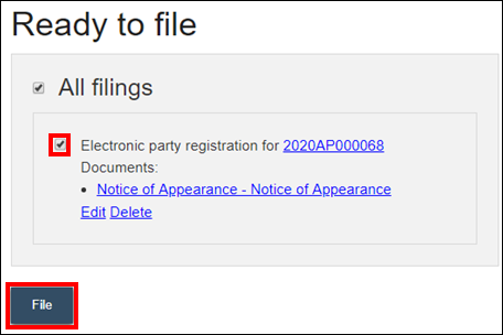 Wisconsin appellate court eFiling - Ready to file page - Checkbox next to filing you are ready to file - File button.png