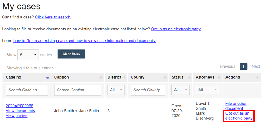 Wisconsin appellate court eFiling - My cases - Opt out as an electronic party.png