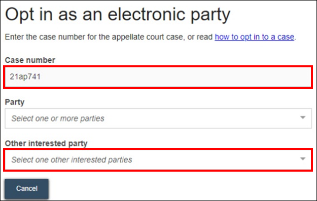 Wisconsin appellate court eFiling - Opt in as an electronic party - Case number - Other interested party.png