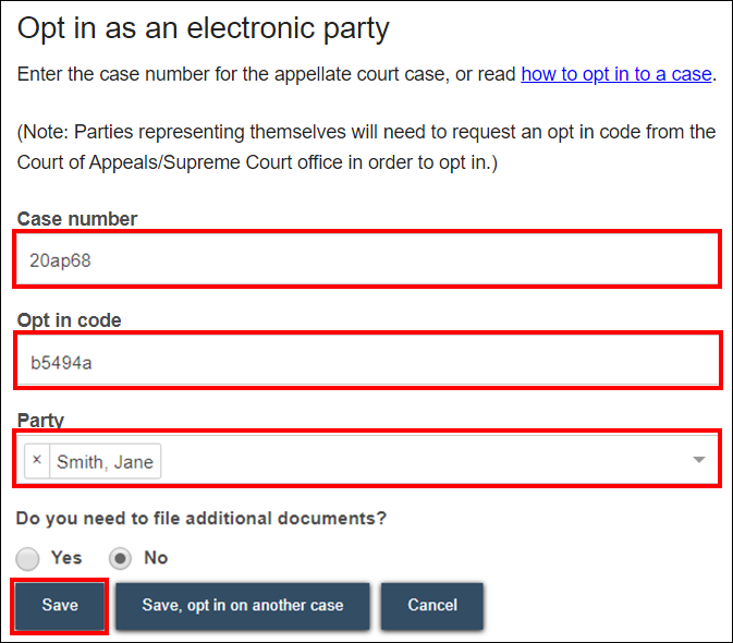 Wisconsin appellate court eFiling - Opt in as an electronic party - Case number - Opt in code - Party - Save.png