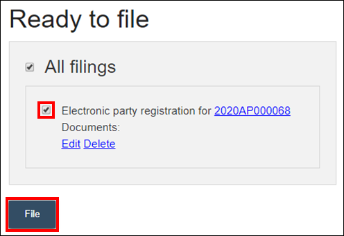 Wisconsin appellate court eFiling - Ready to file page - Checkbox next to Electronic party registration - File button.png