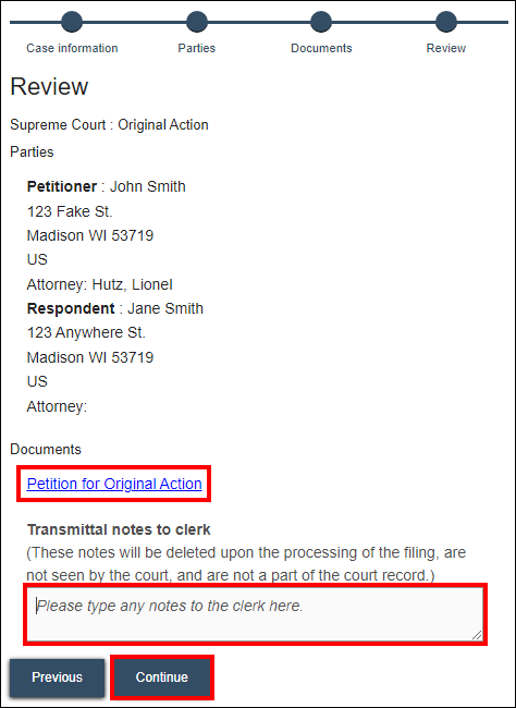 Wisconsin appellate court eFiling - Review - Document link - Transmittal notes to clerk - Continue.png