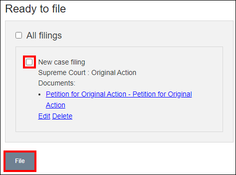Wisconsin appellate court eFiling - Ready to file - Checkbox next to New case filing - File.png