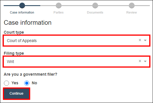 Wisconsin appellate court eFiling - Case information - Court type - Filing type Writ - Continue.png