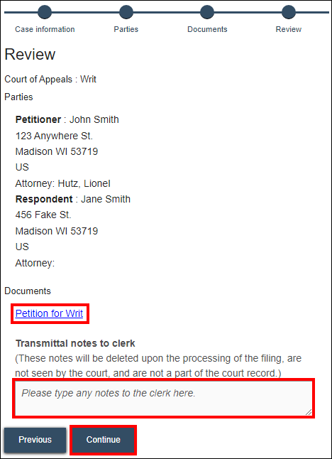 Wisconsin appellate court eFiling - Review - Document link with Petition for Writ - Transmittal notes to clerk - Continue.png