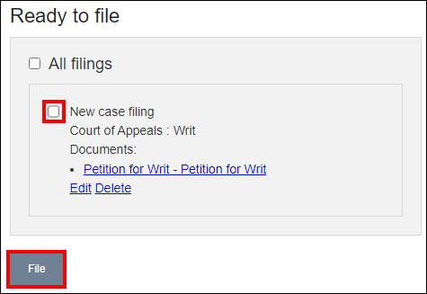 Wisconsin appellate court eFiling - Ready to file - Checkbox next to New case filing Court of Appeals Writ - File.png