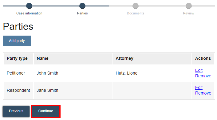 Wisconsin appellate court eFiling - Parties - Party list - Continue.png