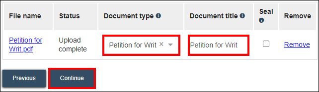 Wisconsin appellate court eFiling - Documents - Document type Petition for Writ - Document title - Continue.png
