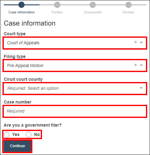 Wisconsin appellate court eFiling - Case information - Court type - Filing type Pre-Appeal Motion - Circuit court county - Case number - Are you a government filer - Continue.png