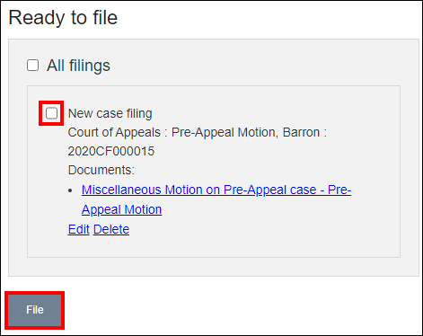 Wisconsin appellate court eFiling - Ready to file - Checkbox next to New case filing Court of Appeals Pre-Appeal Motion - File.png