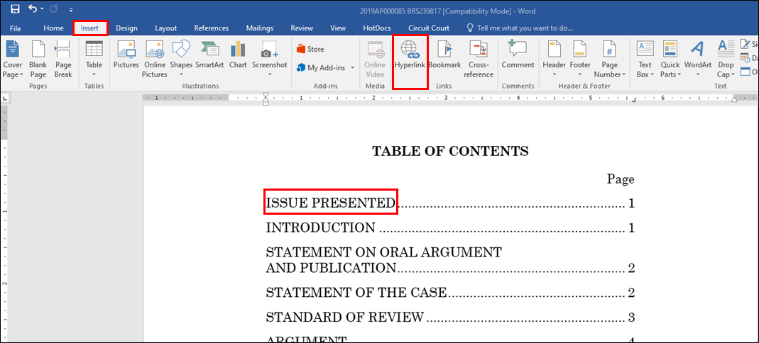 Appellate court eFiling - Tips and tricks - Insert hyperlink in Microsoft Word.png