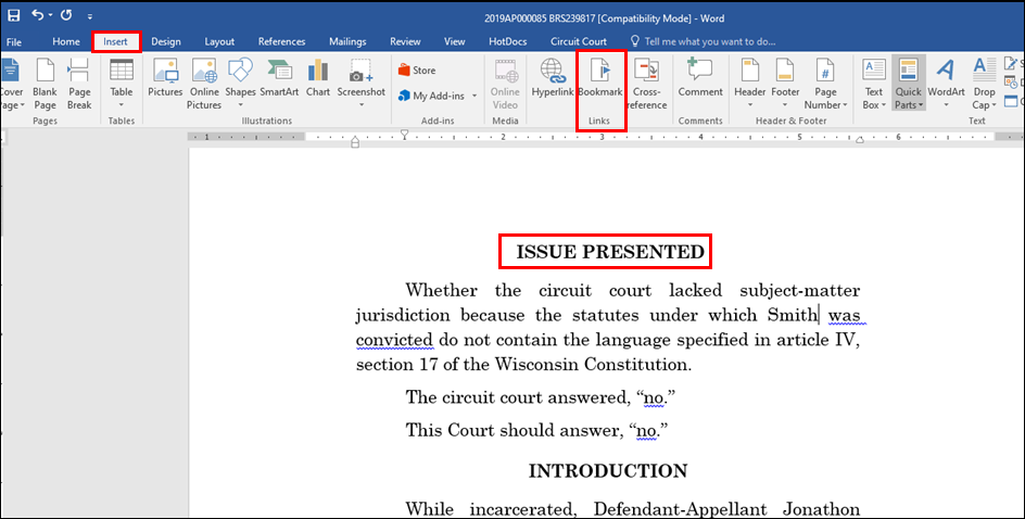 Appellate court eFiling - Tips and tricks - Insert a bookmark in Microsoft Word.png