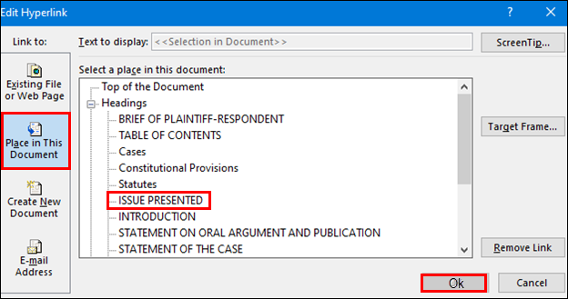 Appellate court eFiling - Tips and tricks - Edit hyperlink Place in this document Microsoft Word.png