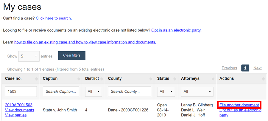 Wisconsin appellate court eFiling - My cases page - Case list - File another document.png