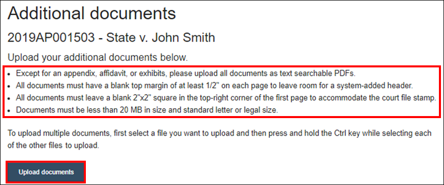 Wisconsin appellate court eFiling - Bulleted list to ensure documents are properly formatted - Upload documents button.png